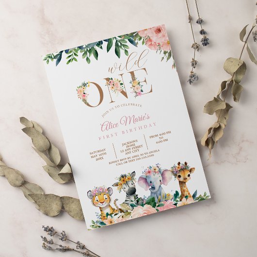 Invitation Safari Wild One Animaux Jungle Girl Anniversaire
