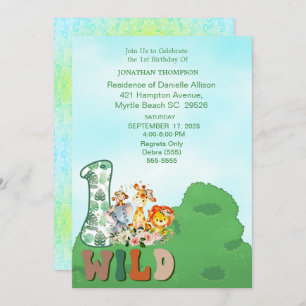 Invitation Safari Wild One Blue Green fête d'anniversaire