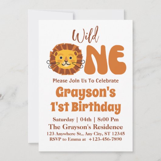 Invitation Safari Wild One Boy 1er Birthday Boho Lion (Devant)