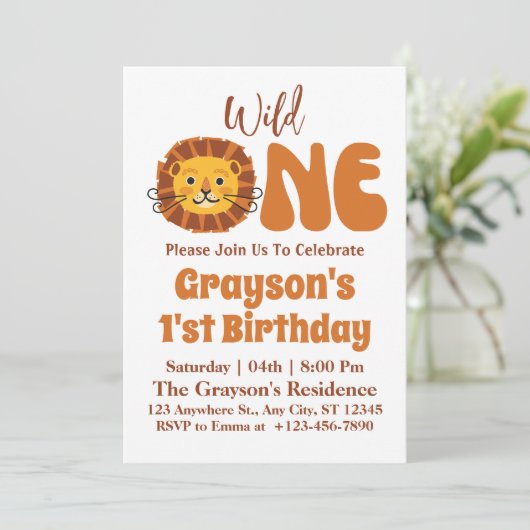 Invitation Safari Wild One Boy 1er Birthday Boho Lion (Debout devant)