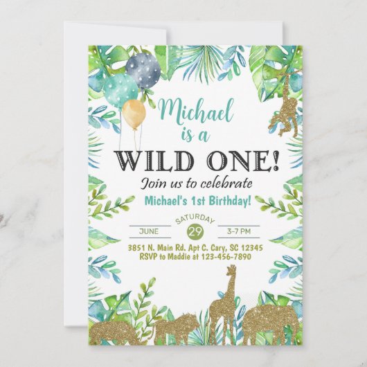 Invitation Safari Wild One boy 1st birthday invitation. (Devant)