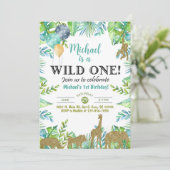 Invitation Safari Wild One boy 1st birthday invitation. (Debout devant)