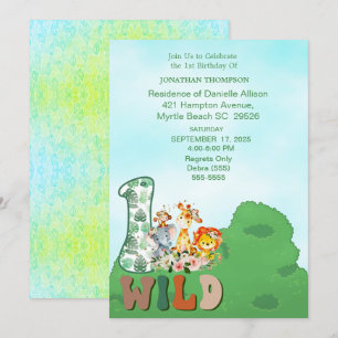 Invitation Safari Wild One Fête d'anniversaire bleu vert