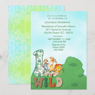 Invitation Safari Wild One Fête d'anniversaire bleu vert