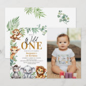 Invitation Safari Wild One Jungle Animaux 1er Anniversaire Ph (Devant / Derrière)