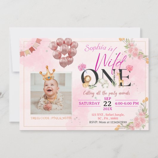 Invitation Safari Wild One Rose Floral Pour Fille Anniversair (Devant)
