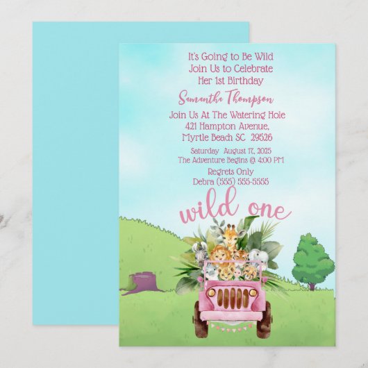 Invitation Safari Wild One Rose Girls Anniversaire (Devant / Derrière)