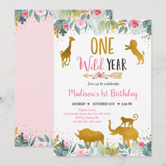 Invitation Safari Wild One Rose Gold Greenery Anniversaire (Devant / Derrière)