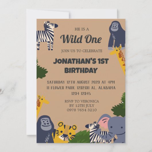 Invitation Safari Wild one Simple mignon premier anniversaire (Devant)