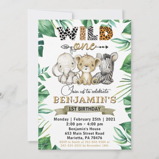Invitation Safari Wild Un 1er anniversaire Lion Zebra Party (Devant)