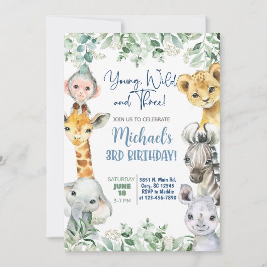 Invitation Safari Young, Wild & Three boy 3rd birthday invite (Devant)