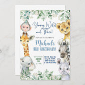 Invitation Safari Young, Wild & Three boy 3rd birthday invite (Devant / Derrière)