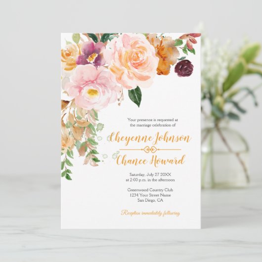 Invitation Saffron Yellow Rose Mauve Rustique Mariage | (Debout devant)