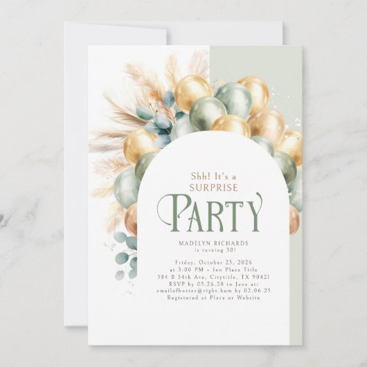 Invitation Sage and Gold Boho Arch Surprise fête d'anniversai (Devant)