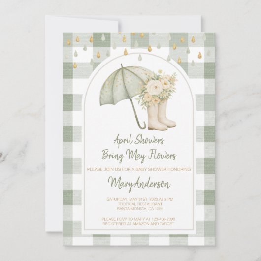 Invitation Sage April Showers Green Gingham Baby Shower  (Devant)
