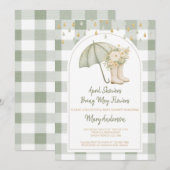 Invitation Sage April Showers Green Gingham Baby Shower  (Devant / Derrière)