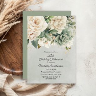 Invitation Sage Blanc Fleurs Vertes Or 21e Anniversaire