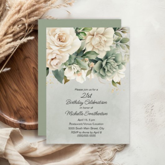 Invitation Sage Blanc Fleurs Vertes Or 21e Anniversaire