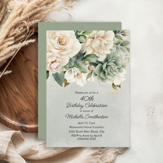 Invitation Sage Blanc Fleurs Vertes Or 40e Anniversaire