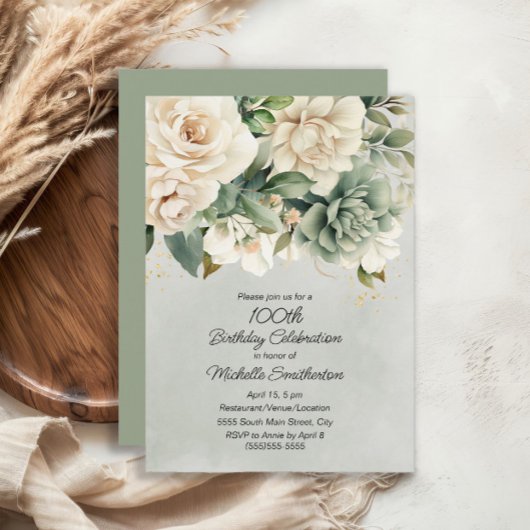 Invitation Sage Blanc Floral Or 100e Anniversaire