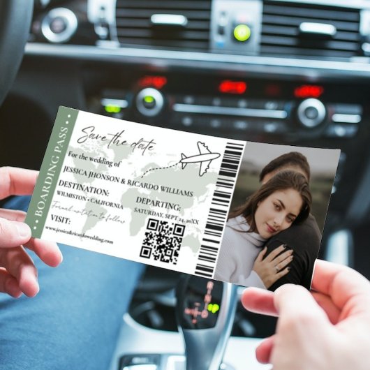 Invitation Sage Boarding pass mariage enregistrer le billet d