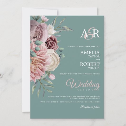 Invitation Sage Boho Dusty Rose Aquarelle Florale Mariage Inv (Devant)