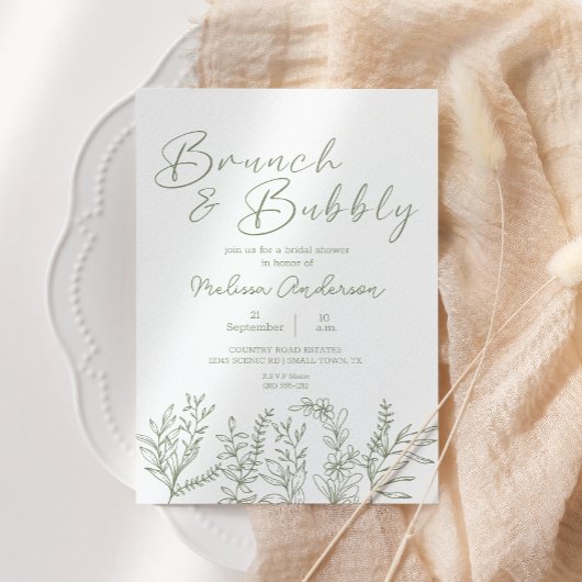 Invitation Sage Boho Fleurs Brunch Brasserie Douche nuptiale