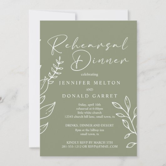 Invitation Sage Boho Fleurs Mariage Dîner de répétition (Devant)
