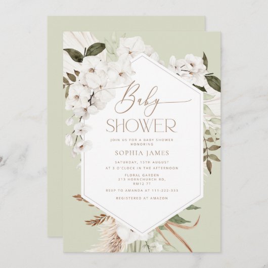 Invitation Sage boho pampas herbe baby shower (Devant / Derrière)