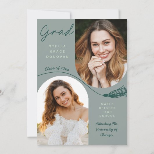 Invitation Sage Boho Tassel Grad Announcement with Photo (Devant)