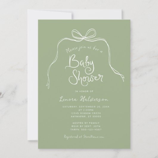 Invitation Sage Bold Simple Bow Baby shower (Devant)