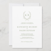 Invitation Sage Botaniacal & Ribbon Crest Monogram Mariage (Devant)