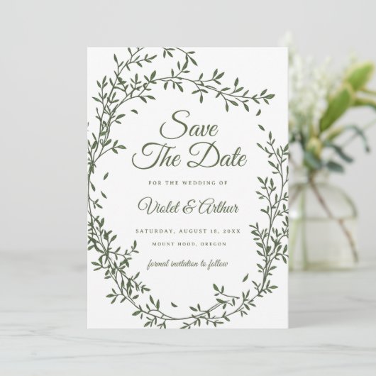 Invitation Sage Botanical Wreath Wedding Enregistrer La Date (Debout devant)