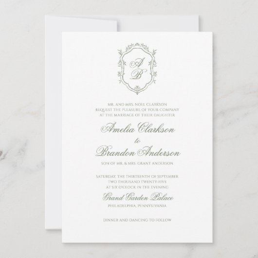 Invitation Sage botanique Vert Monogramme Crest Mariage (Devant)