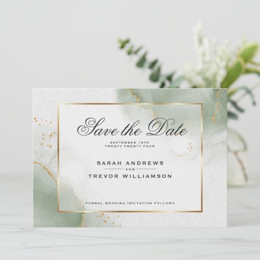 Invitation Sage bouché Marbre Abstrait Enregistrer la date (Debout devant)