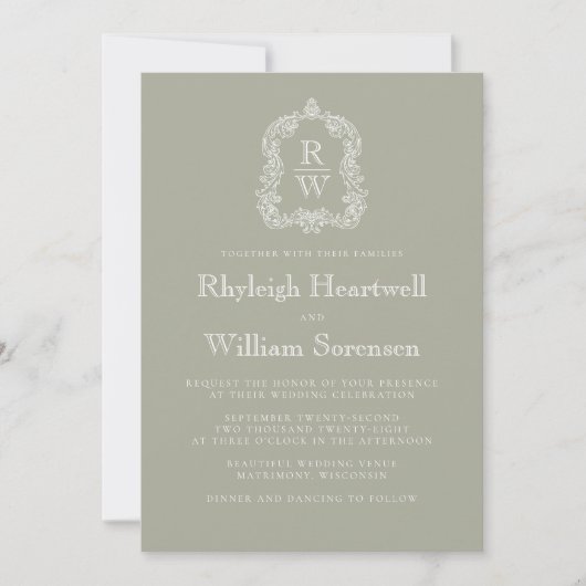 Invitation Sage classique Vert Monogramme Crest Script (Devant)