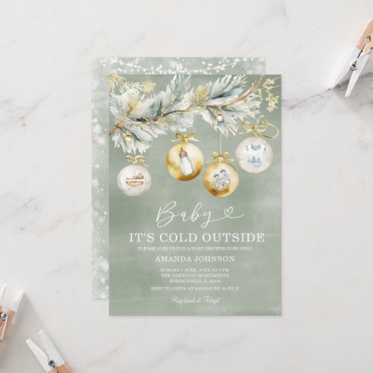Invitation Sage Cold à l'extérieur du Baby shower de Noël des (Devant/Arrière en situation)