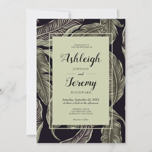Invitation Sage de feuillage Tropical Vert Mariage de script  (Devant)