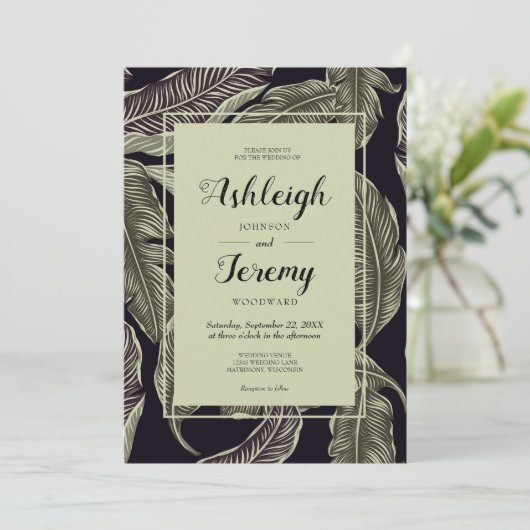 Invitation Sage de feuillage Tropical Vert Mariage de script  (Debout devant)