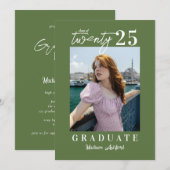 Invitation Sage de script moderne Green Photo Graduation Part (Devant / Derrière)
