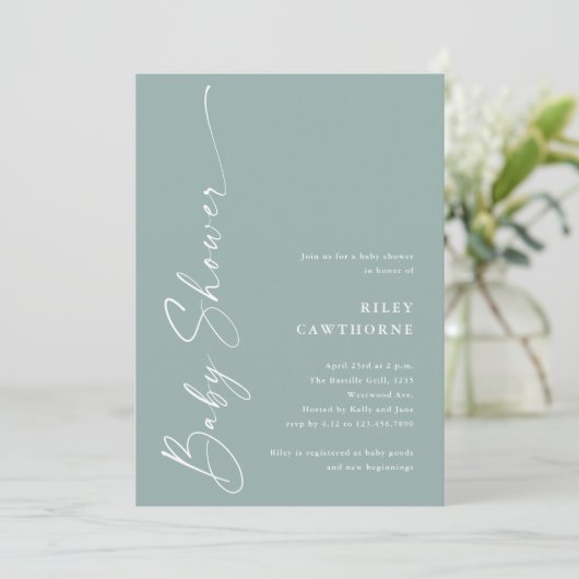 Invitation Sage de script simple Baby shower neutre de genre (Debout devant)