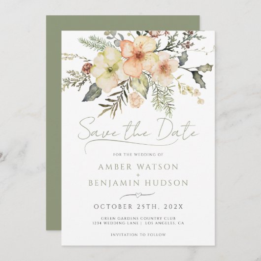 Invitation Sage d'hiver Vert Noël Floral Économisez La Date (Devant / Derrière)
