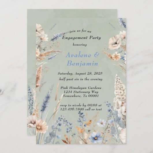 Invitation Sage & Dusty Blue Fleurs sauvages (Devant / Derrière)