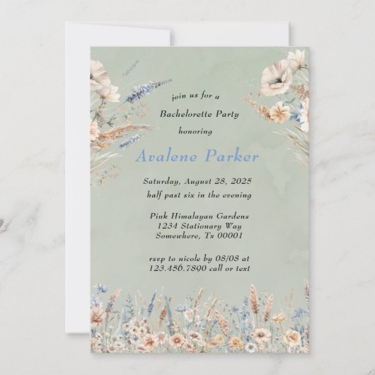 Invitation Sage Dusty Blue Fleurs sauvages Bachelorette Party (Devant)