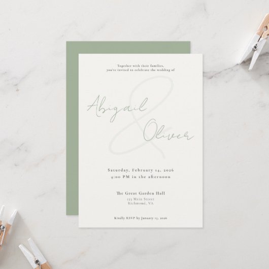 Invitation Sage Élégant & Minimaliste | Mariage Moderne & Sim (Devant/Arrière en situation)