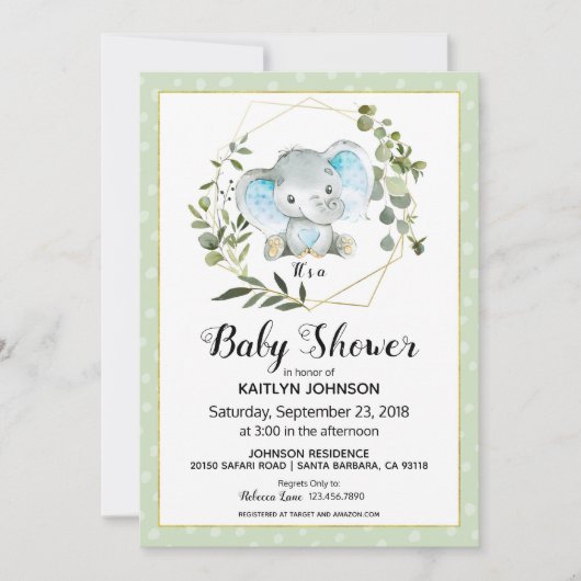 Invitation Sage Elephant Baby shower moderne (Devant)