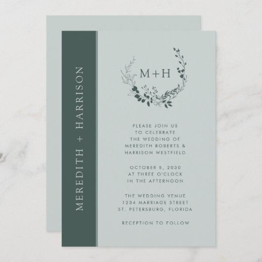 Invitation Sage Emerald Monogram QR Code Mariage (Devant / Derrière)