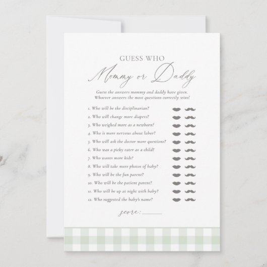 Invitation Sage En vichy Baby shower Devinez Qui Maman ou Pap (Devant)