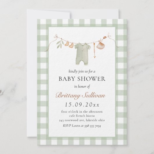 Invitation Sage En vichy mignon Boho Baby shower de vêtements (Devant)