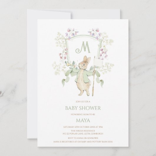 Invitation Sage En vichy Peter le Baby shower Monogramme Rabb (Devant)